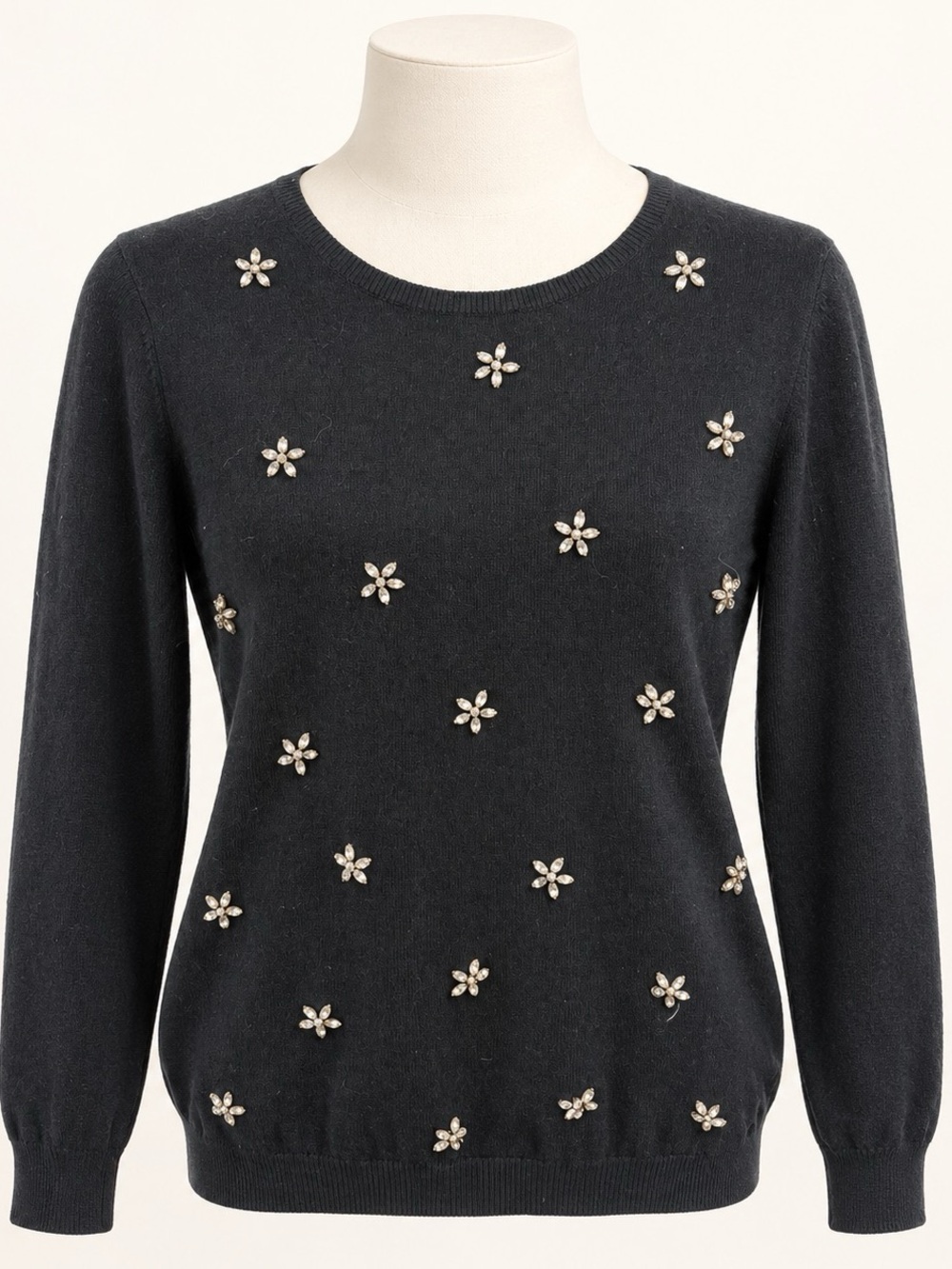 Elle Black Crewneck Sweater with Jeweled Flower Embellishments